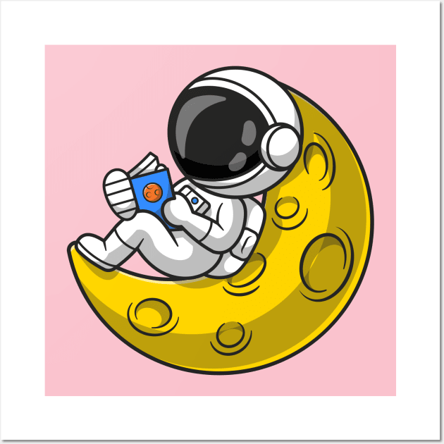 Cute Astronaut Reading Book On Moon Cartoon Wall Art by Catalyst Labs